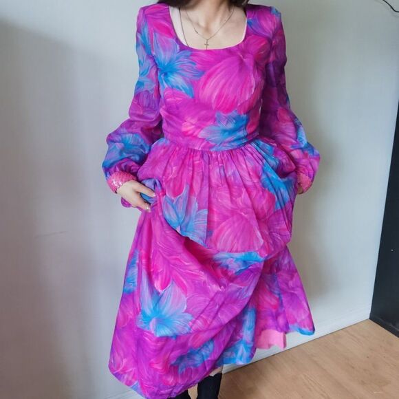 Vintage Maxi Dressย Neon 70s 60s 70sโChiffonโPuffโFestival - Picture 10 of 13